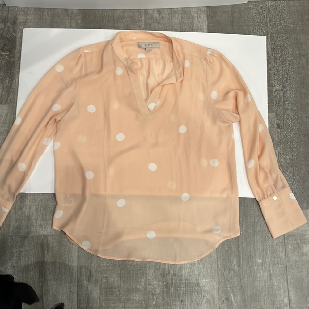 LOFT | Pink and white polka dot dress shirt. Size medium.